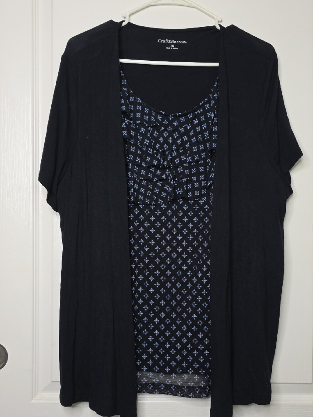 croft & barrow Black Open-Front Cardigan with Navy Patterned Inset
